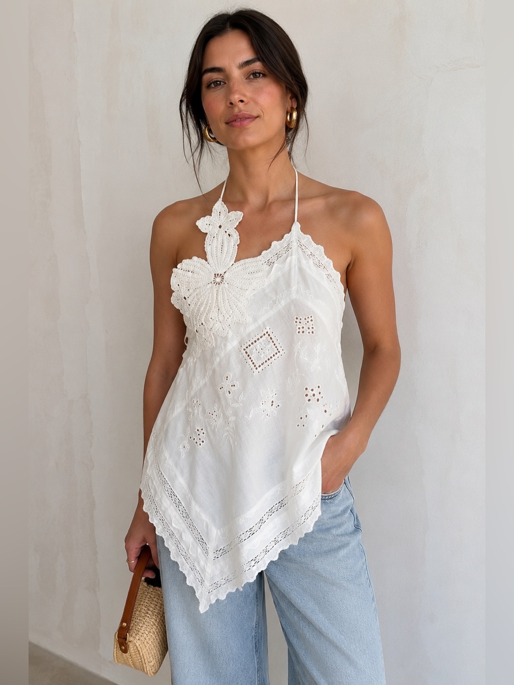 ZARA ZW Collection White Embroidered Asymmetrical Backless Handkerchief Top NWT